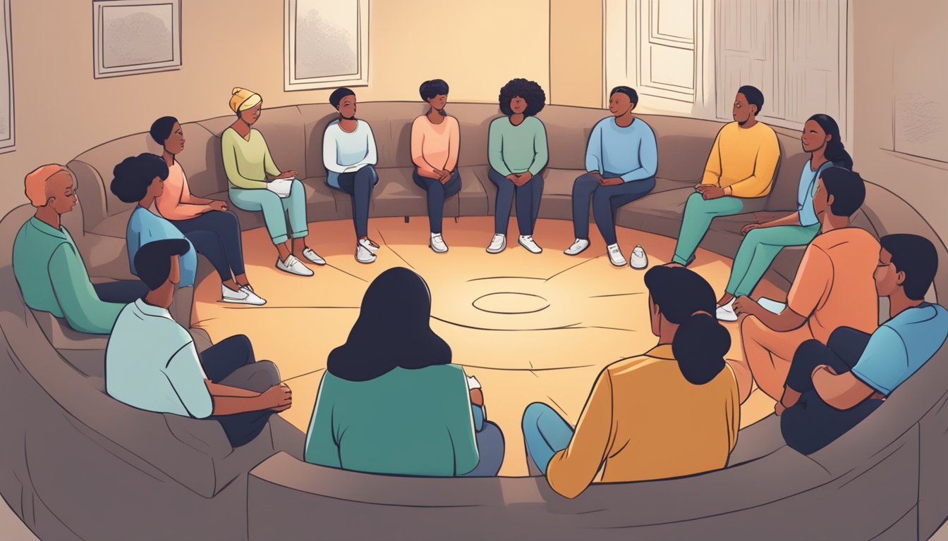 A person sitting in a circle surrounded by supportive friends and a grief counselor, engaged in a discussion about coping strategies after a loss