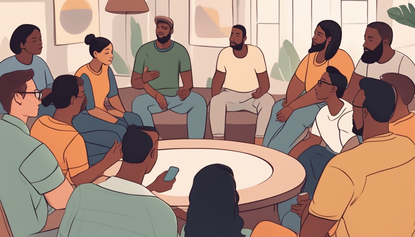 A group of diverse individuals gather in a circle, sharing stories and offering support to one another in a cozy, welcoming environment