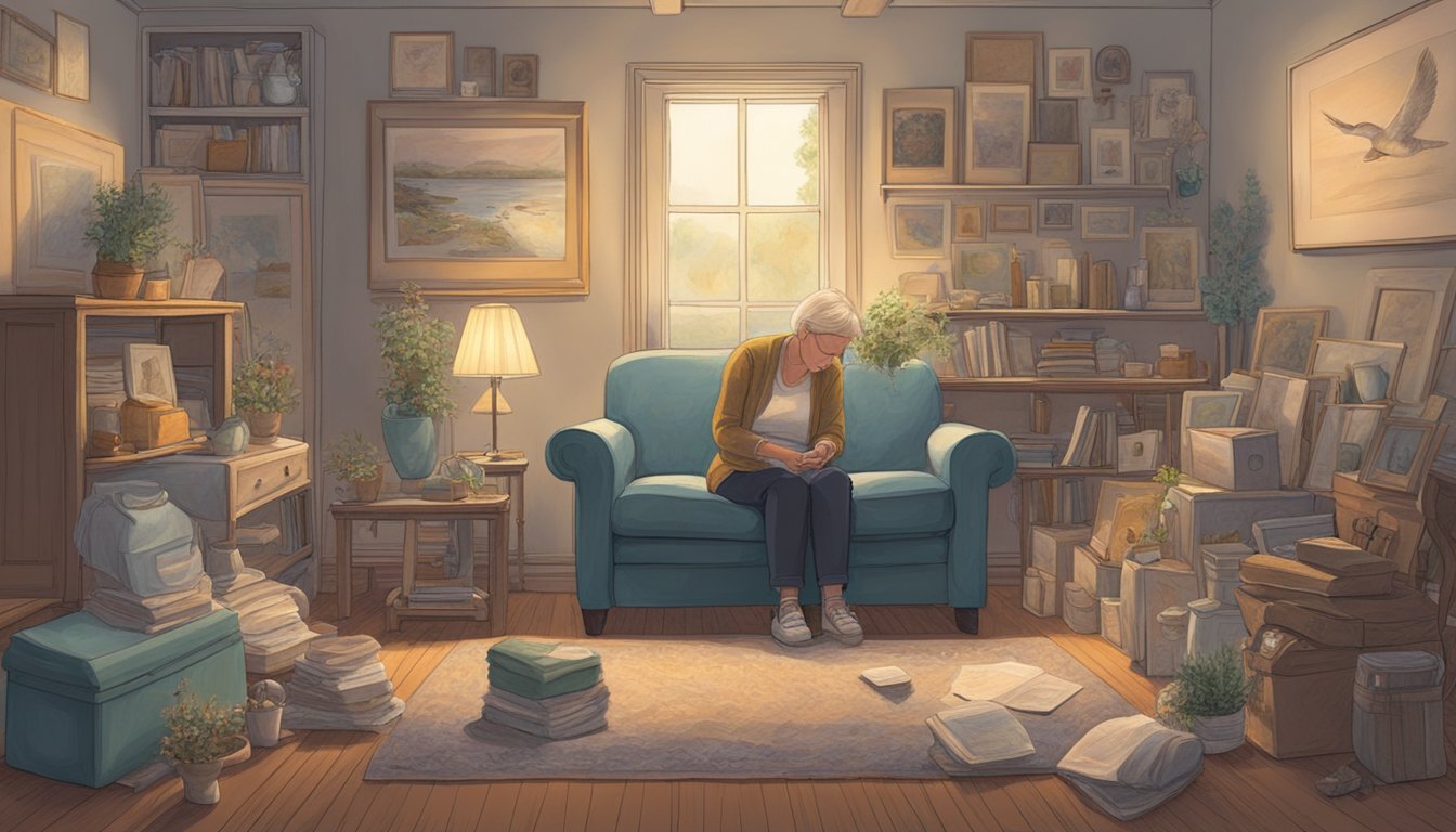 A figure sits in a dimly lit room, surrounded by comforting objects and pictures of lost loved ones. A gentle, guiding presence offers support and understanding