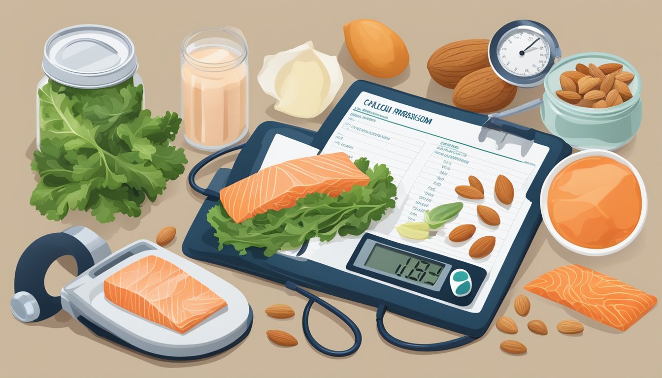 A table with a variety of calcium-rich foods such as leafy greens, almonds, and canned salmon, alongside a blood pressure monitor and a doctor's prescription pad