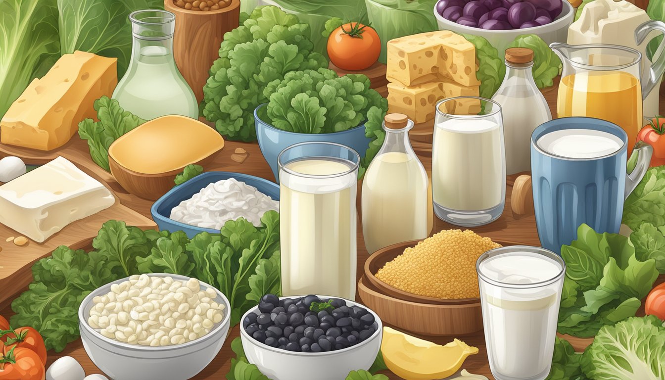 A variety of calcium-rich foods such as dairy products, leafy greens, and fortified foods arranged on a table