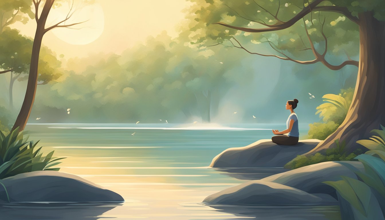 A serene figure meditates in a peaceful, nature-filled setting, surrounded by calming elements like water, trees, and gentle sunlight