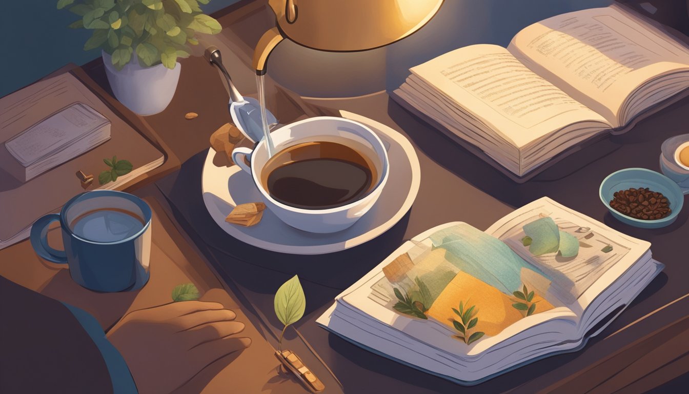 A person pouring out a cup of coffee and replacing it with a cup of herbal tea, surrounded by calming elements like a book, a cozy blanket, and a dimly lit lamp