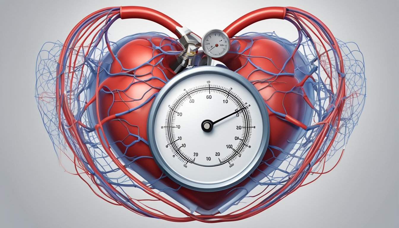 A heart surrounded by a network of blood vessels, with a pressure gauge measuring blood flow