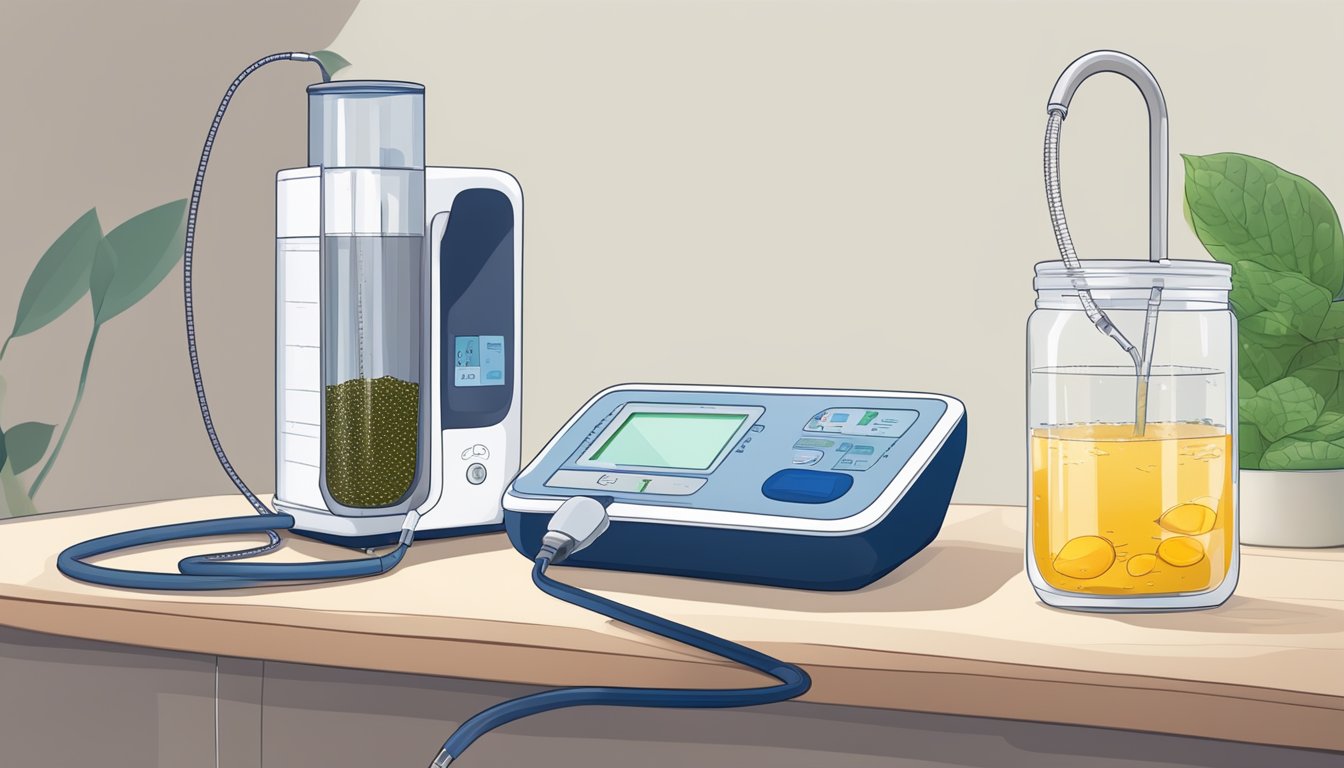 A glass of chia seed infused water sitting next to a blood pressure monitor, with the monitor showing a lower reading