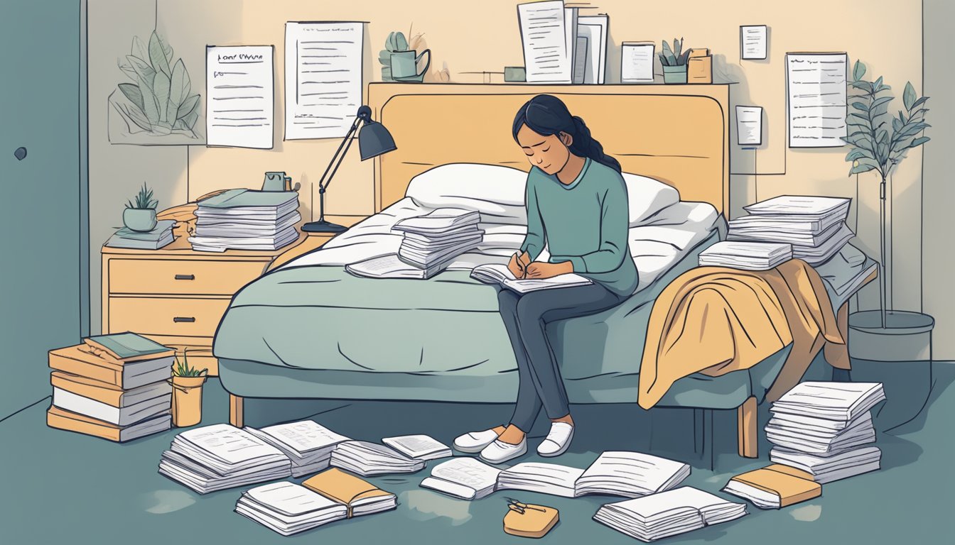 A person sitting on a bed surrounded by journals and a list of "9 Ways to cope with grief-related insomnia" as they write down their thoughts before bed