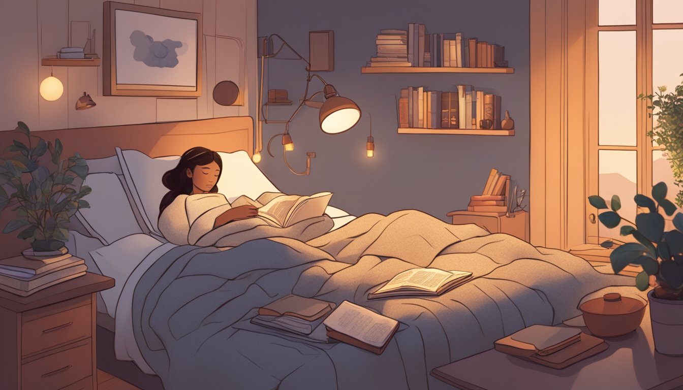 A person lying in bed surrounded by comforting items like a book, a journal, a cozy blanket, and a cup of herbal tea. The room is dimly lit with soft, warm lighting