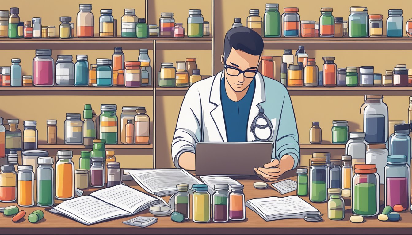 A person researching dietary supplements for hypertension, surrounded by various bottles and containers of supplements, reading medical articles and notes