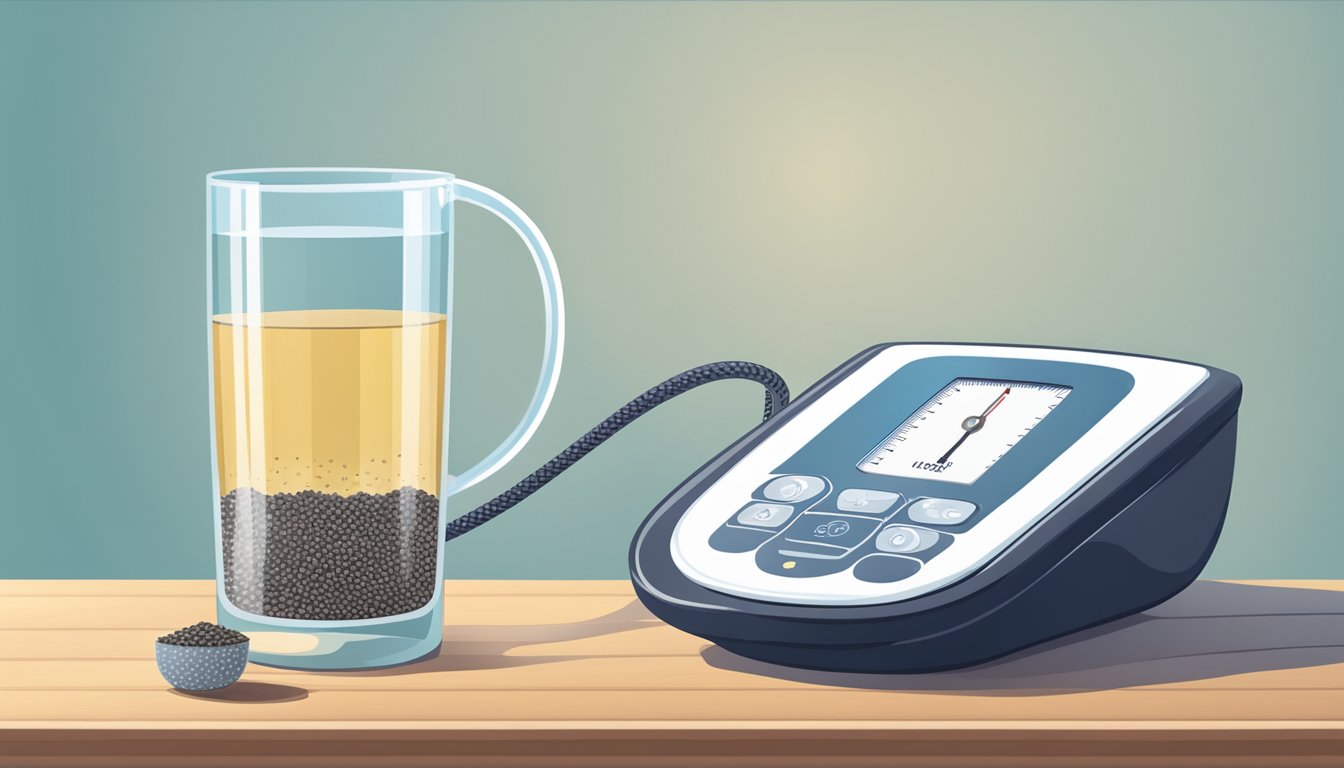 A glass of water with chia seeds and a blood pressure monitor on a table