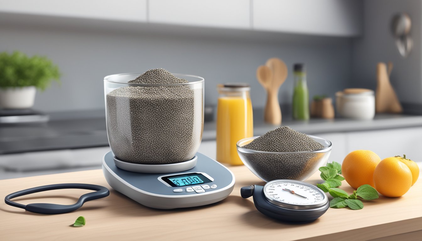 A bowl of chia seeds with a measuring spoon and a blood pressure monitor on a clean, modern kitchen counter