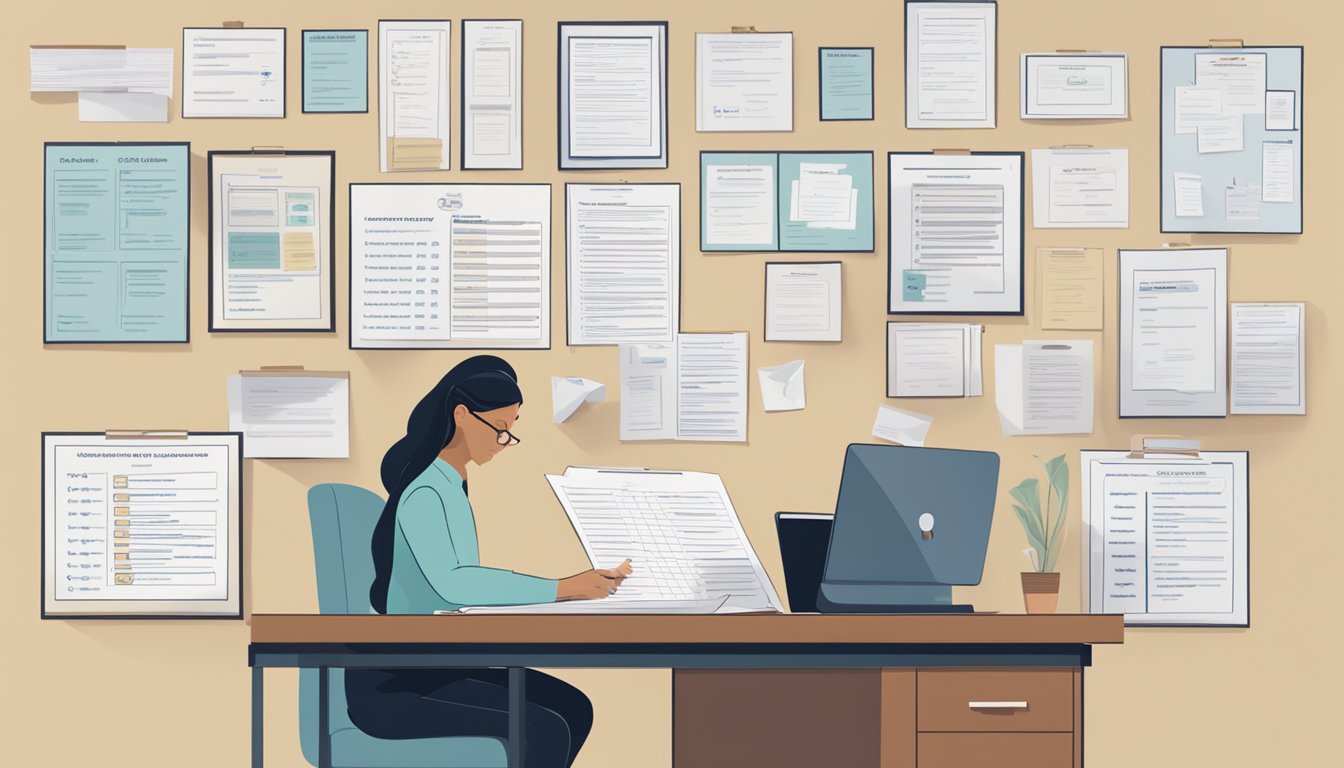 A grief counselor sitting at a desk with a checklist of 12 questions, surrounded by framed qualifications and certifications on the wall