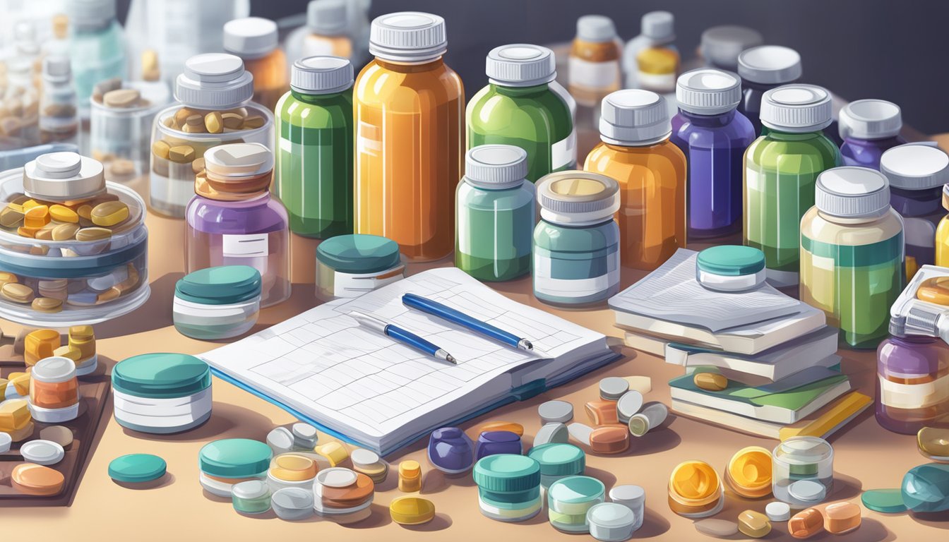 A table with various bottles of dietary supplements for hypertension, surrounded by medical journals and research papers on the topic