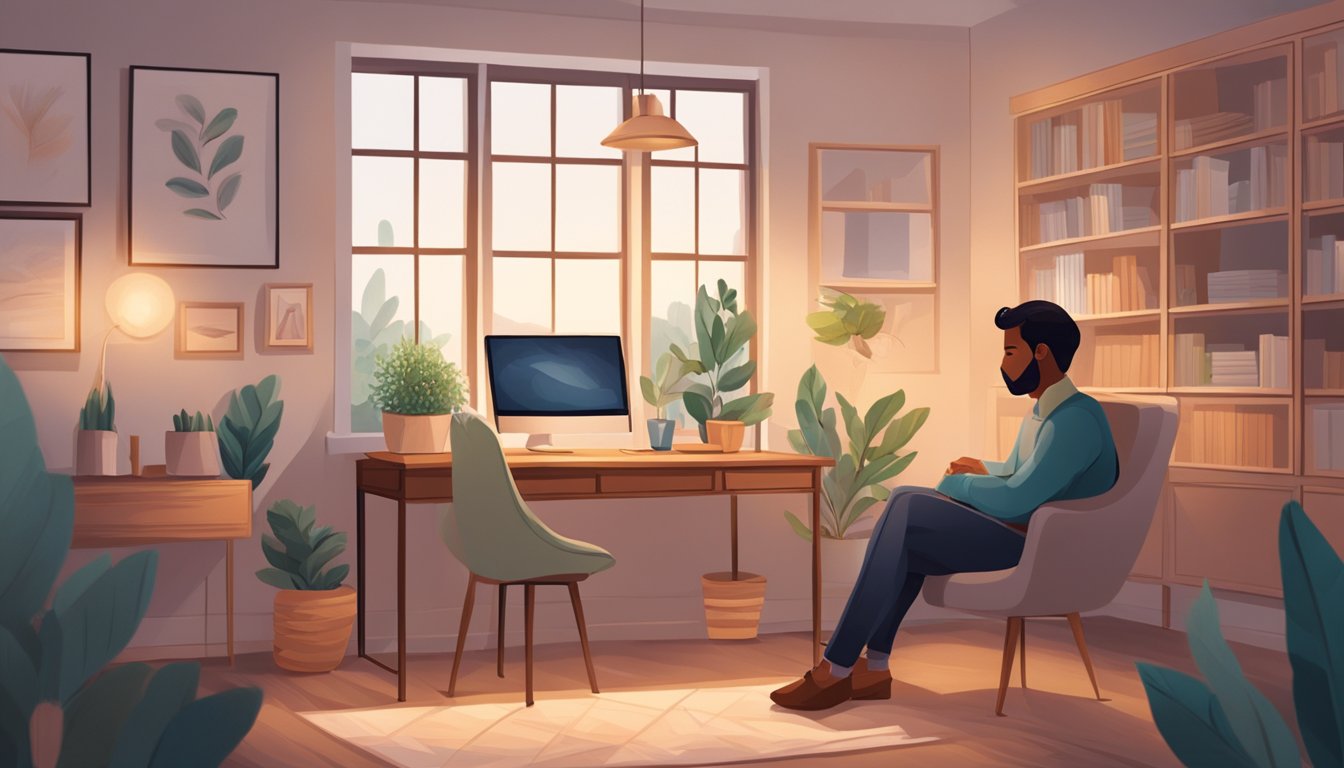 A person sitting in a cozy office, surrounded by soft lighting and comforting decor. They are engaged in a conversation with a compassionate grief counselor