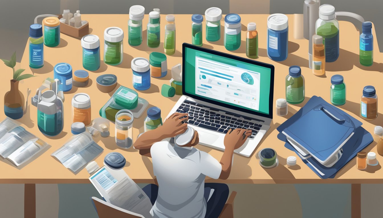 A person researching supplements for hypertension, surrounded by various bottles and containers, with a computer open to a reputable medical website for information