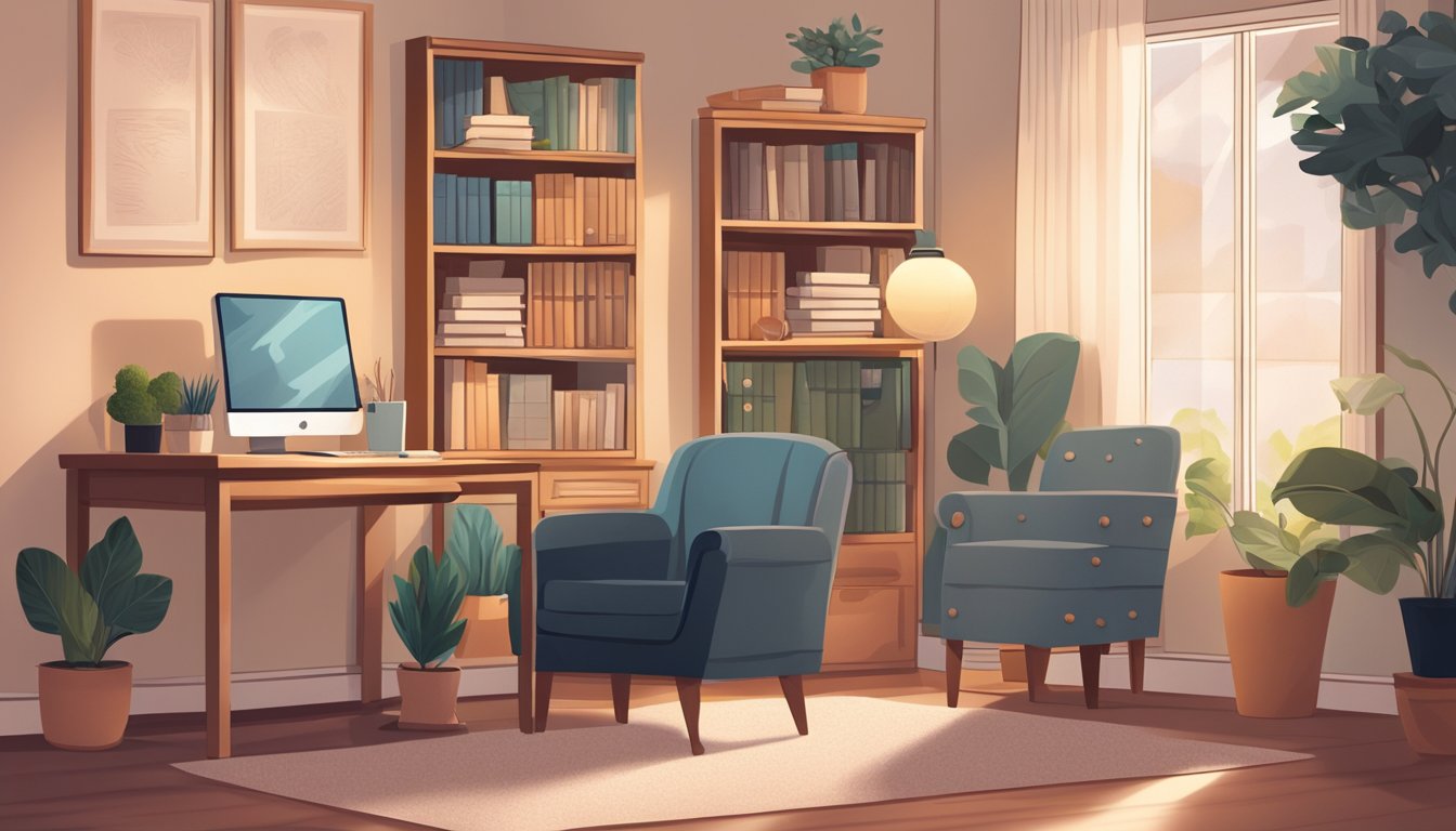 A grief counselor sitting in a cozy office, with soft lighting and comfortable seating. A bookshelf filled with resources and a calming atmosphere