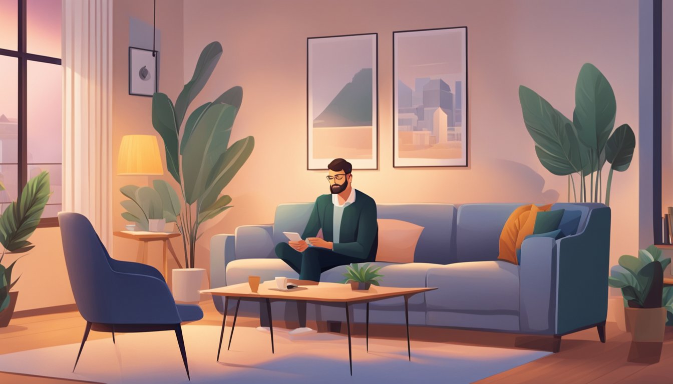 A person sitting in a cozy office, surrounded by soft lighting and comfortable furniture. The counselor is listening attentively and offering support