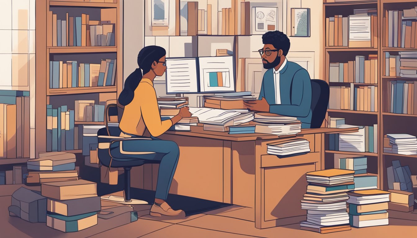 A grief counselor sitting at a desk with a client, surrounded by books and resources on professional affiliations