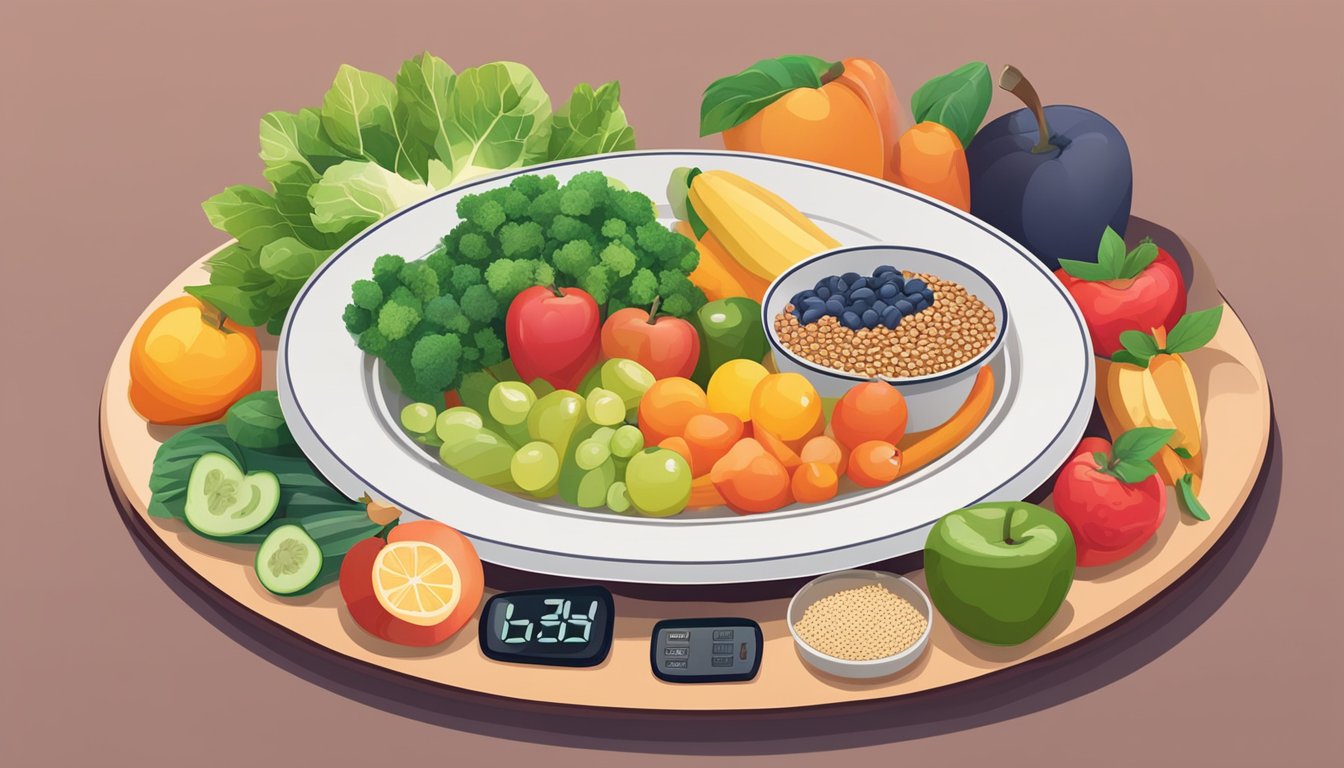 A colorful plate of fruits, vegetables, whole grains, and legumes, with a heart rate monitor showing lower blood pressure readings