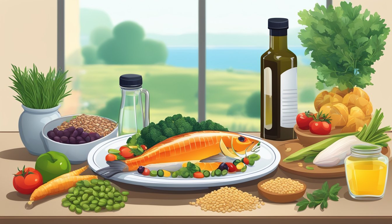 A table with various foods: fruits, vegetables, whole grains, and legumes. A bottle of olive oil and a plate of fish. A blood pressure monitor nearby