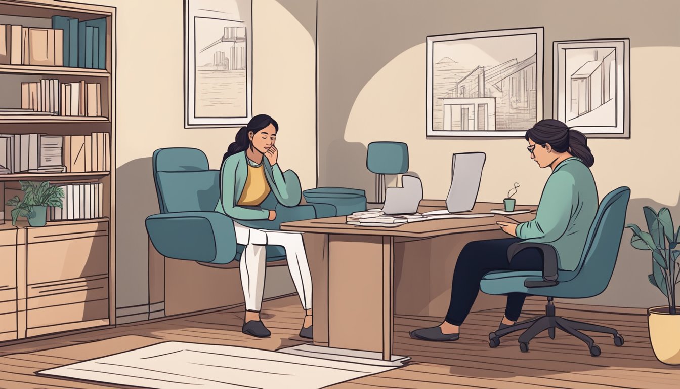 A person sitting in a cozy office, talking with a compassionate grief counselor. The counselor listens attentively and offers tissues and support