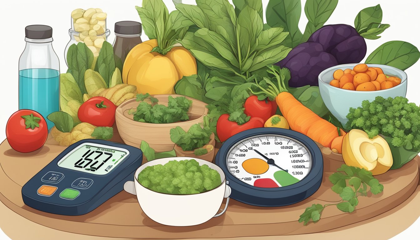 A table with a variety of plant-based foods and a blood pressure monitor next to it