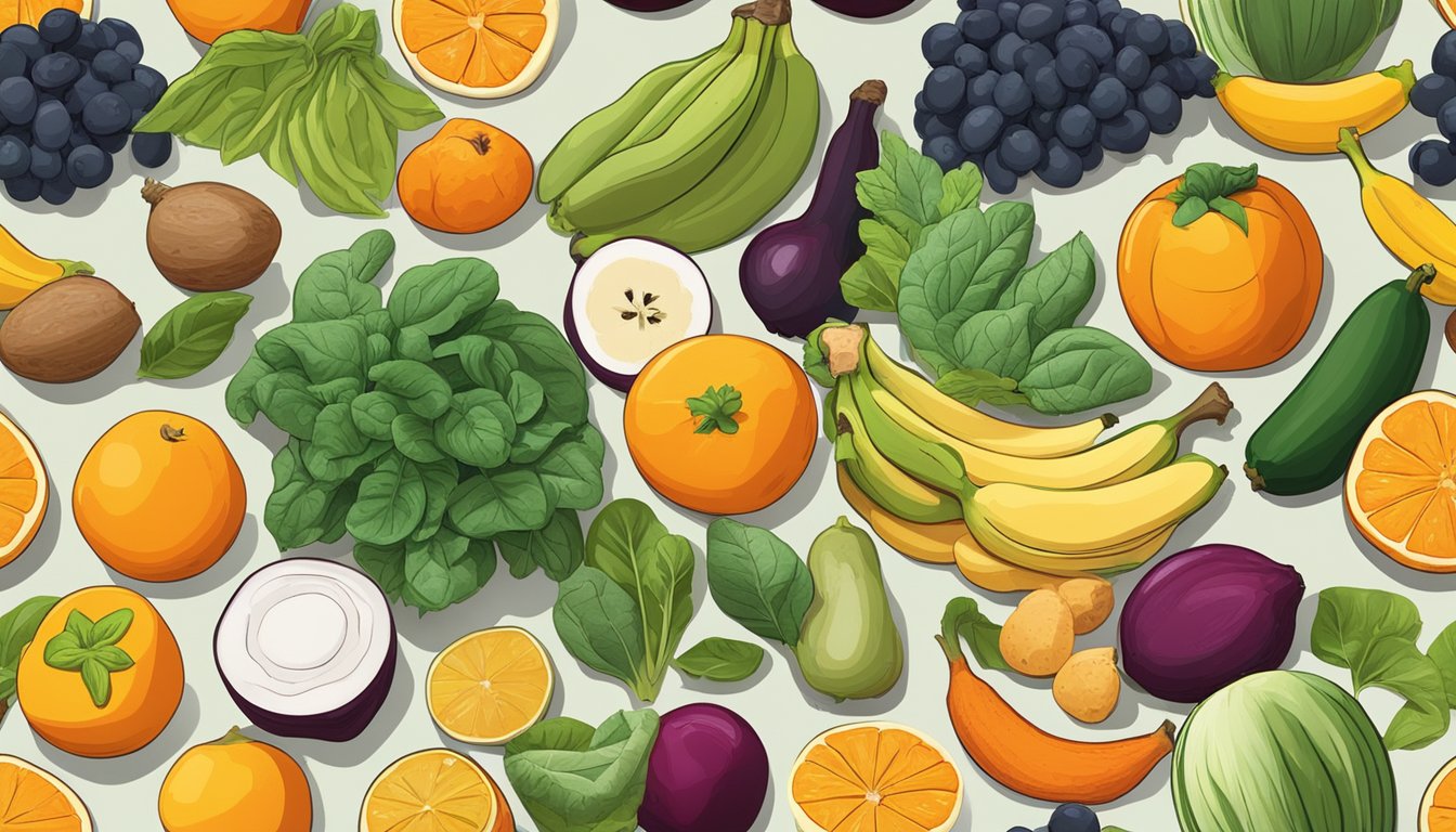 A variety of fruits and vegetables arranged on a table, including bananas, oranges, spinach, and sweet potatoes