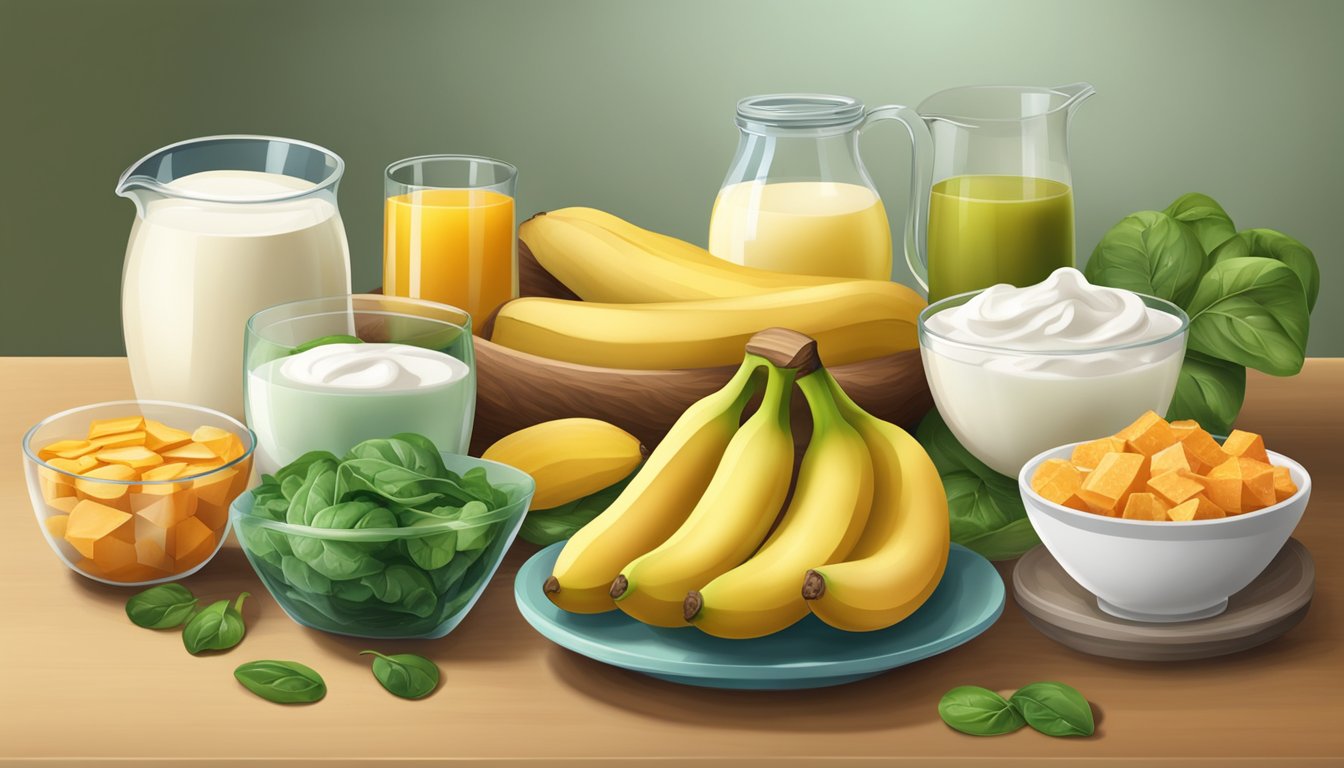 A table with a variety of foods rich in potassium, such as bananas, spinach, sweet potatoes, and yogurt, displayed in a colorful and appealing manner