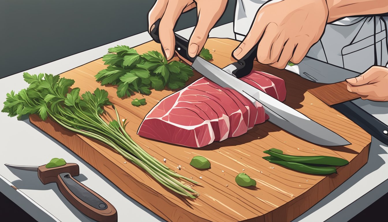 A chef slicing yellowfin tuna into thick steaks on a clean, wooden cutting board, with a sharp knife and fresh herbs nearby