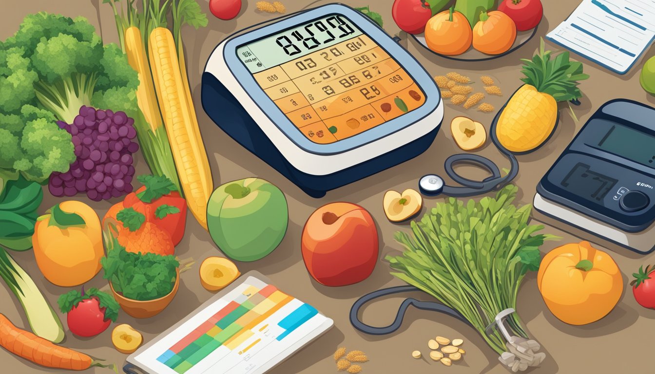 A table filled with colorful fruits, vegetables, and whole grains. A blood pressure monitor shows a lower reading