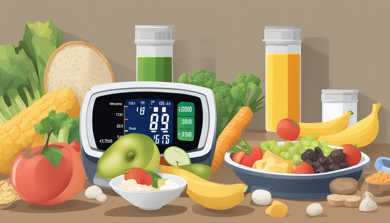 A table of various foods with their corresponding glycemic index values next to a blood pressure monitor displaying different readings