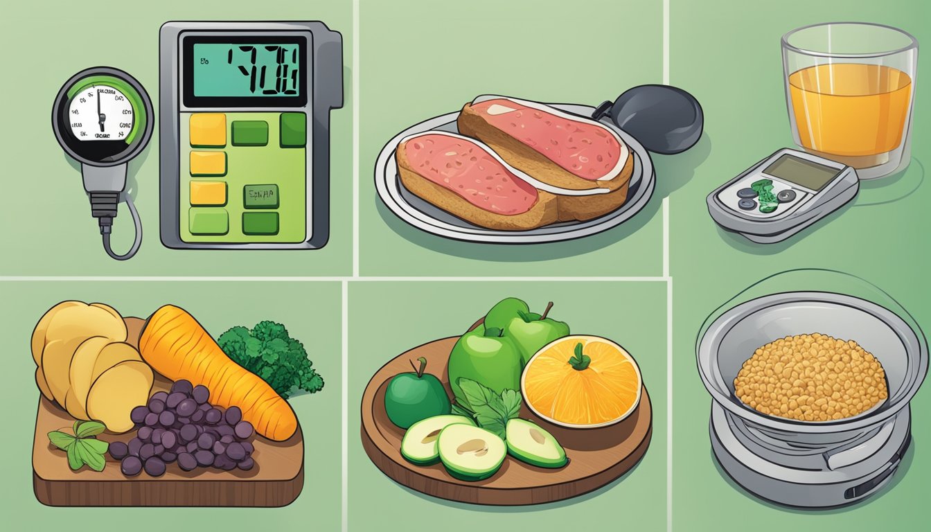 A table displaying various foods with their corresponding glycemic index values, alongside a blood pressure monitor displaying different readings