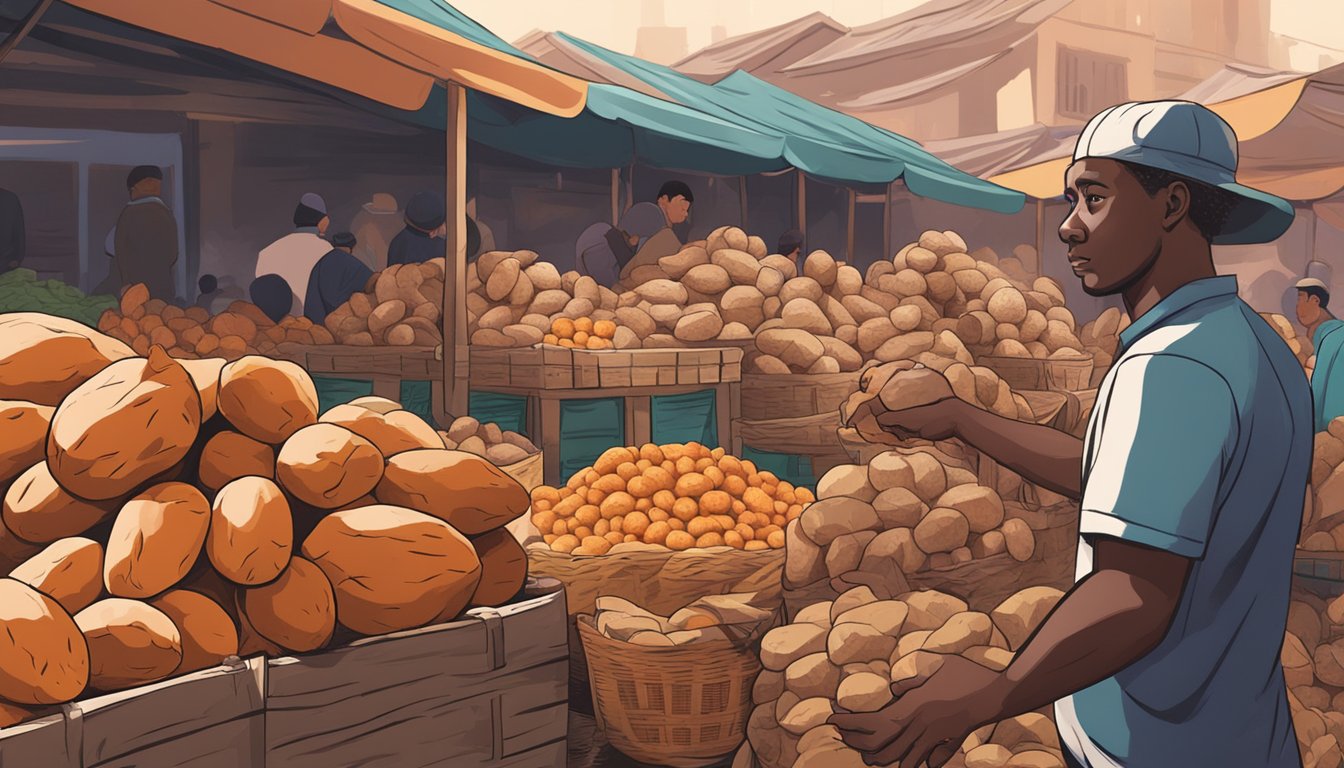 A hand reaching for a pile of yams in a market stall, with baskets of yams in the background