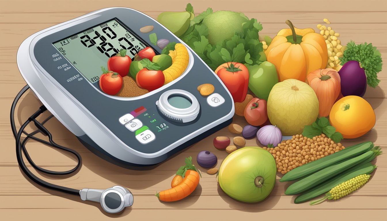 A plate filled with a variety of fruits, vegetables, grains, and legumes, with a blood pressure monitor next to it