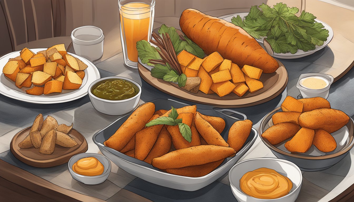 A table set with various yam-based dishes, including roasted yams, yam fries, and yam puree