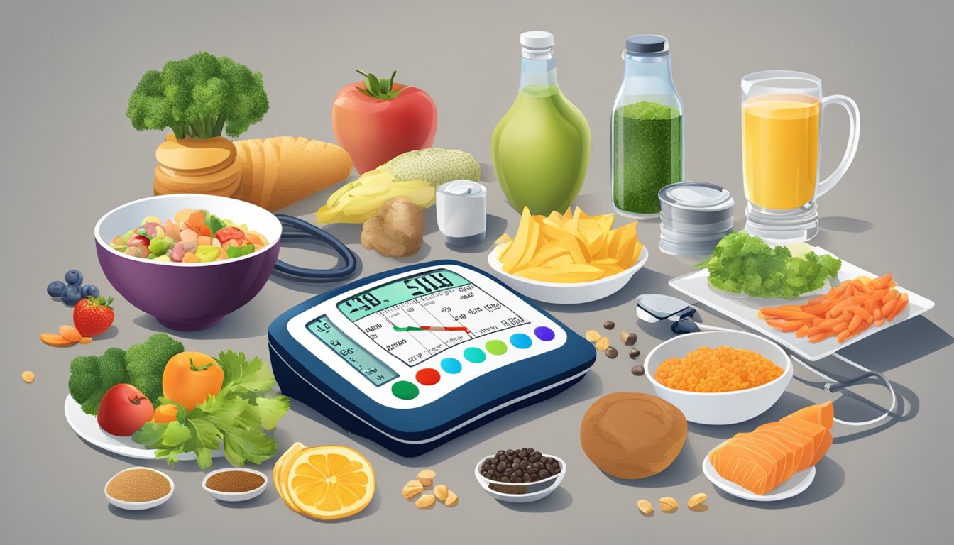 A table with various foods categorized as part of the MIND diet, alongside a blood pressure monitor displaying lower readings