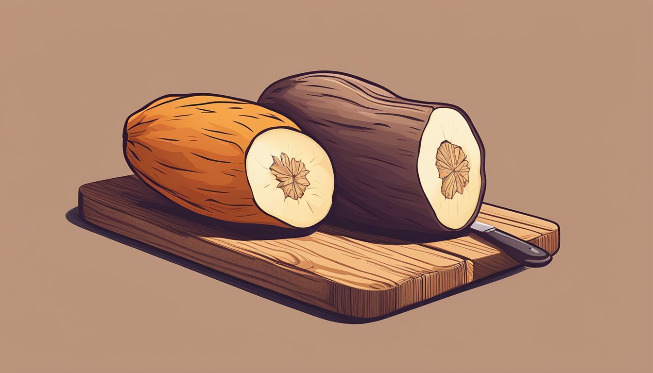 A yam being peeled and sliced on a wooden cutting board with a knife beside it