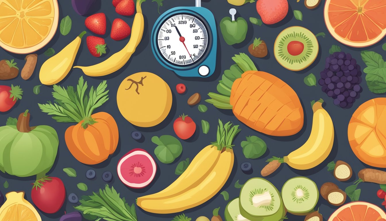 A table filled with colorful fruits, vegetables, grains, and lean proteins, with a blood pressure monitor in the background