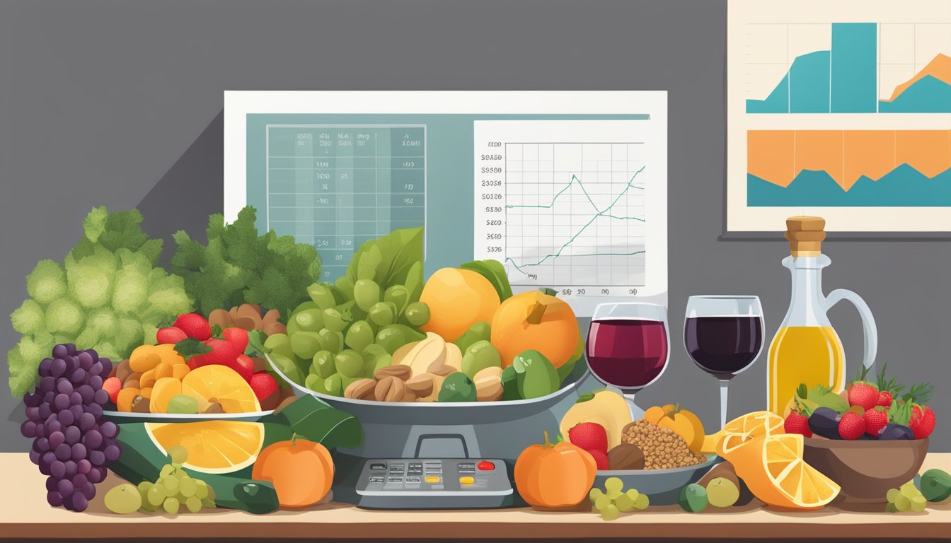 A table filled with colorful fruits, vegetables, whole grains, nuts, and olive oil, with a glass of red wine, surrounded by a blood pressure monitor and a chart showing decreasing numbers