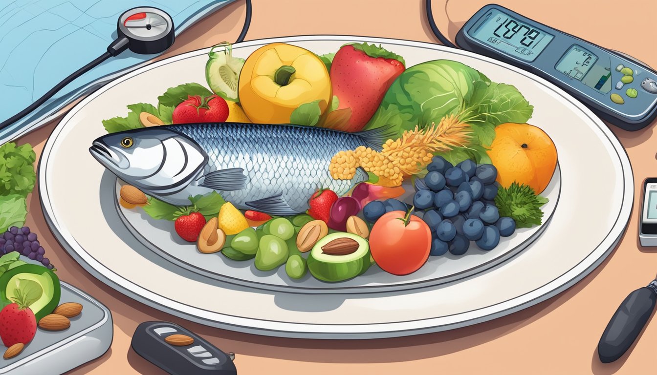 A colorful plate of fruits, vegetables, nuts, and fish, surrounded by a heart and brain, with a blood pressure monitor showing a healthy reading