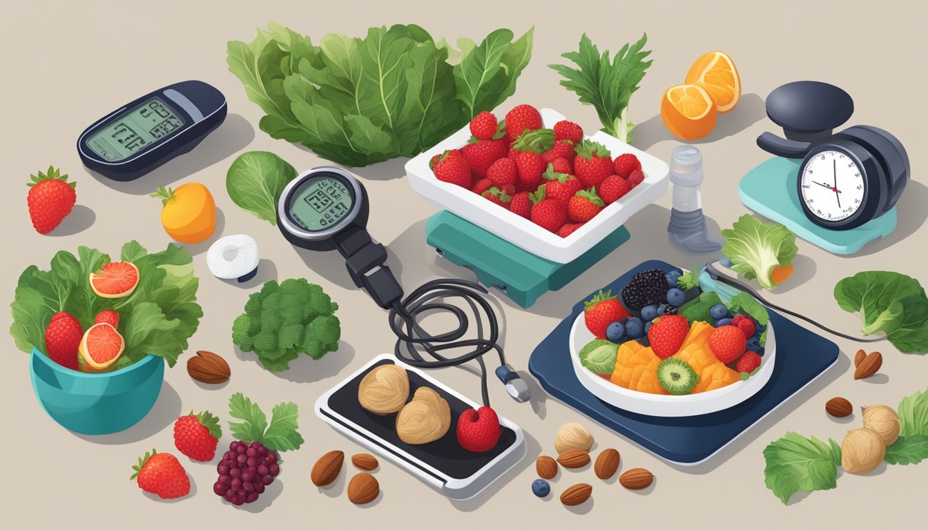 A table set with brain-boosting foods like berries, nuts, and leafy greens, surrounded by blood pressure monitors and brain imagery