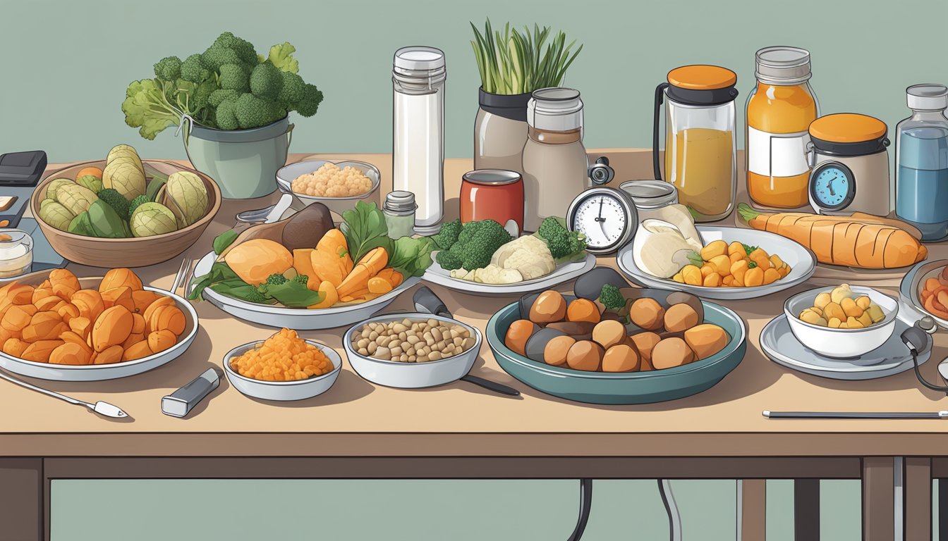 A table filled with Nordic diet foods, surrounded by blood pressure monitoring equipment