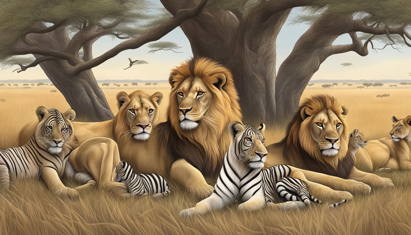 A group of lions feasting on a freshly hunted zebra, surrounded by the savannah's tall grass and acacia trees