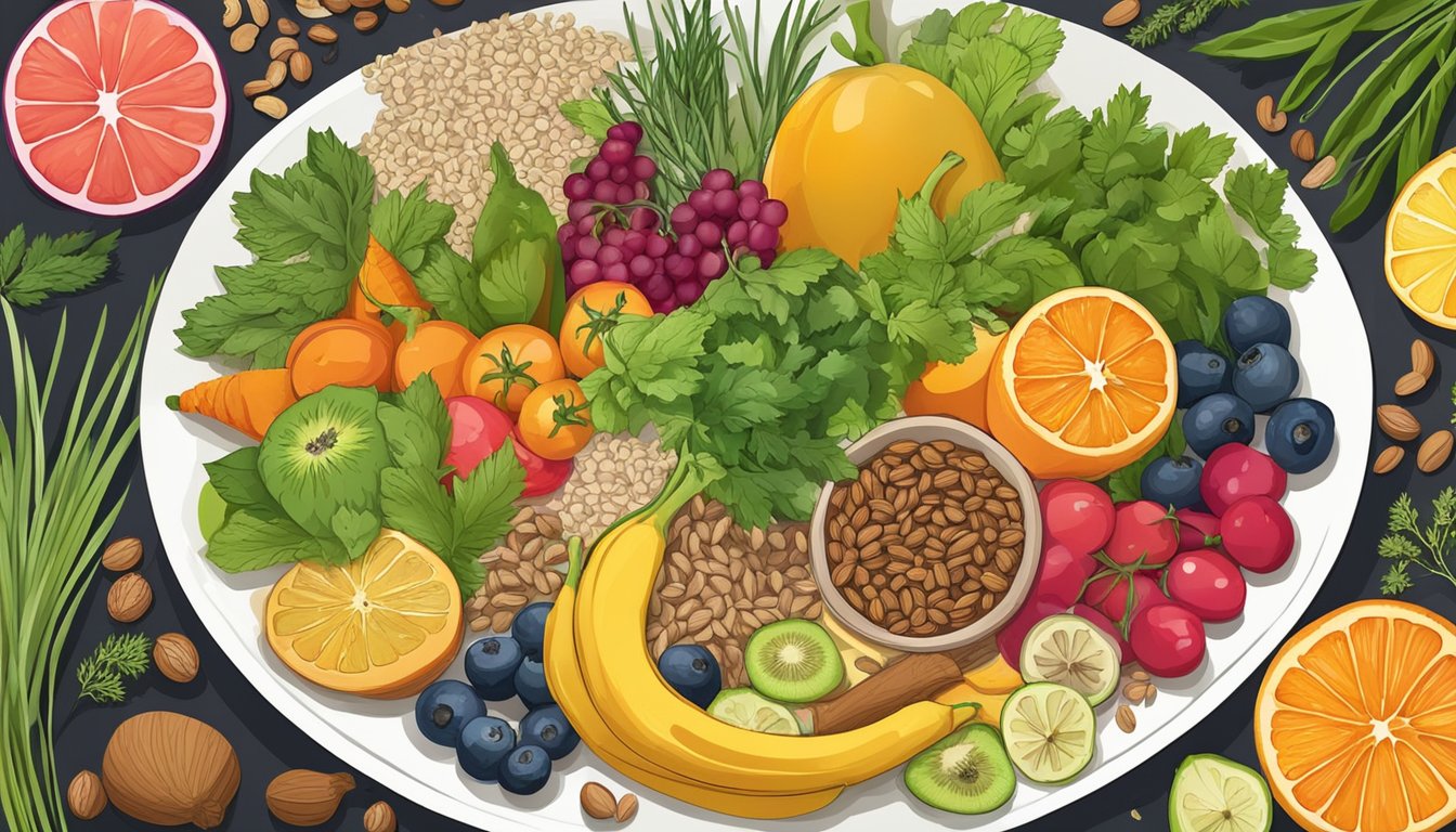 A colorful plate filled with fruits, vegetables, whole grains, nuts, and fish, surrounded by a variety of herbs and spices