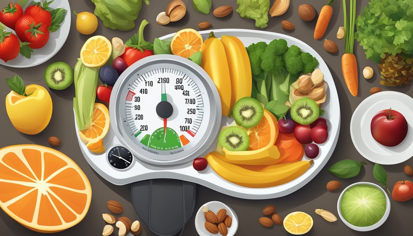 A colorful plate of fruits, vegetables, nuts, and fish arranged in a balanced and appealing manner, with a blood pressure monitor nearby