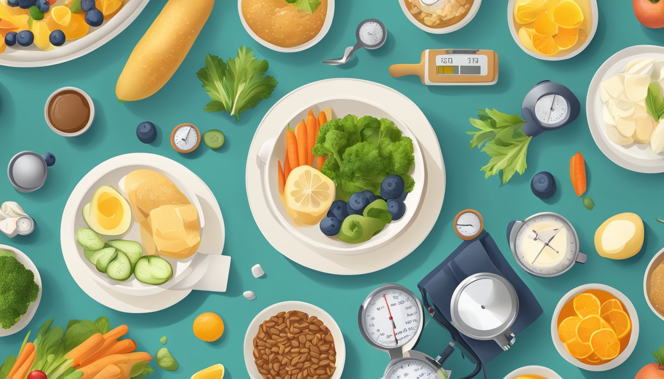 A table filled with Nordic diet foods, surrounded by blood pressure monitoring equipment