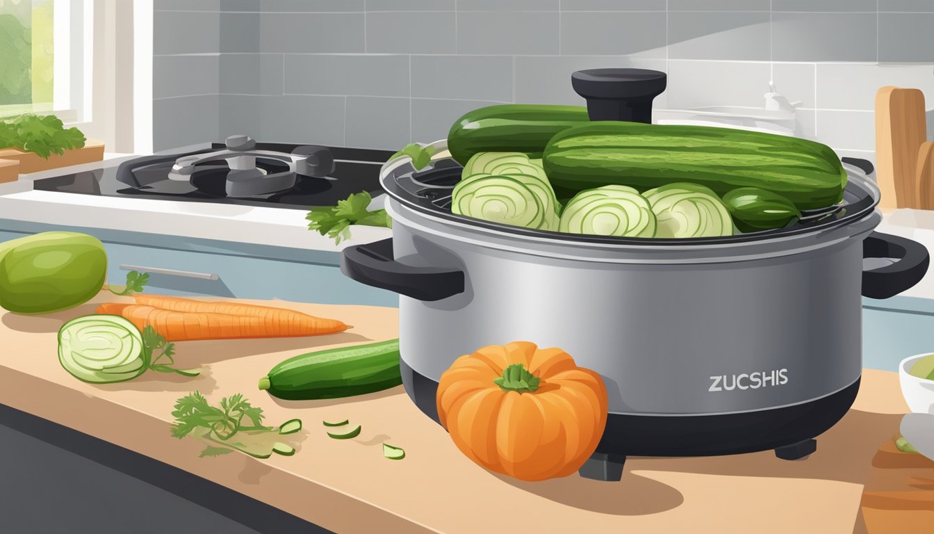 A pot of boiling water and a spiralizer on a kitchen counter, with zucchinis and other vegetables nearby