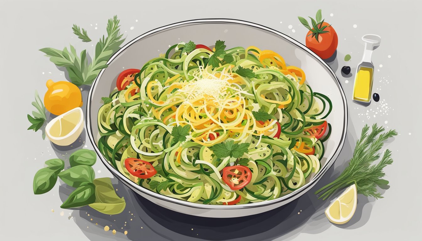 A bowl of zoodles topped with fresh herbs and drizzled with olive oil, surrounded by colorful vegetables and a sprinkle of parmesan cheese