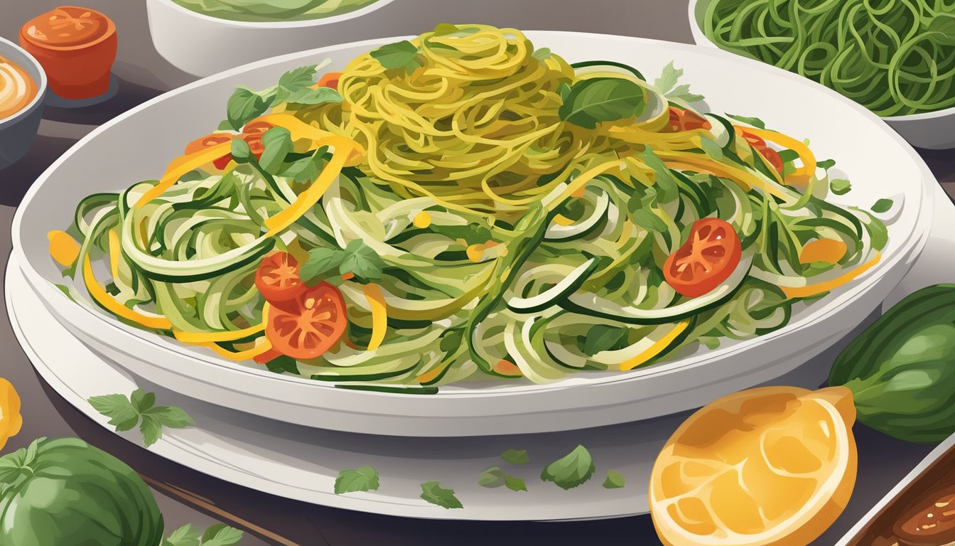 A plate of zucchini noodles topped with vibrant sauces and accompanied by flavor pairings like herbs, spices, and vegetables