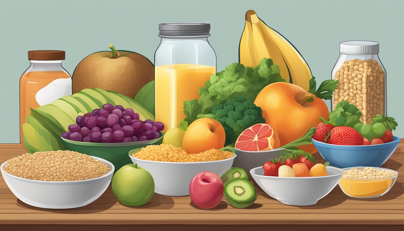 A table with colorful fruits, vegetables, whole grains, and lean proteins, alongside a smaller portion of high-sodium processed foods