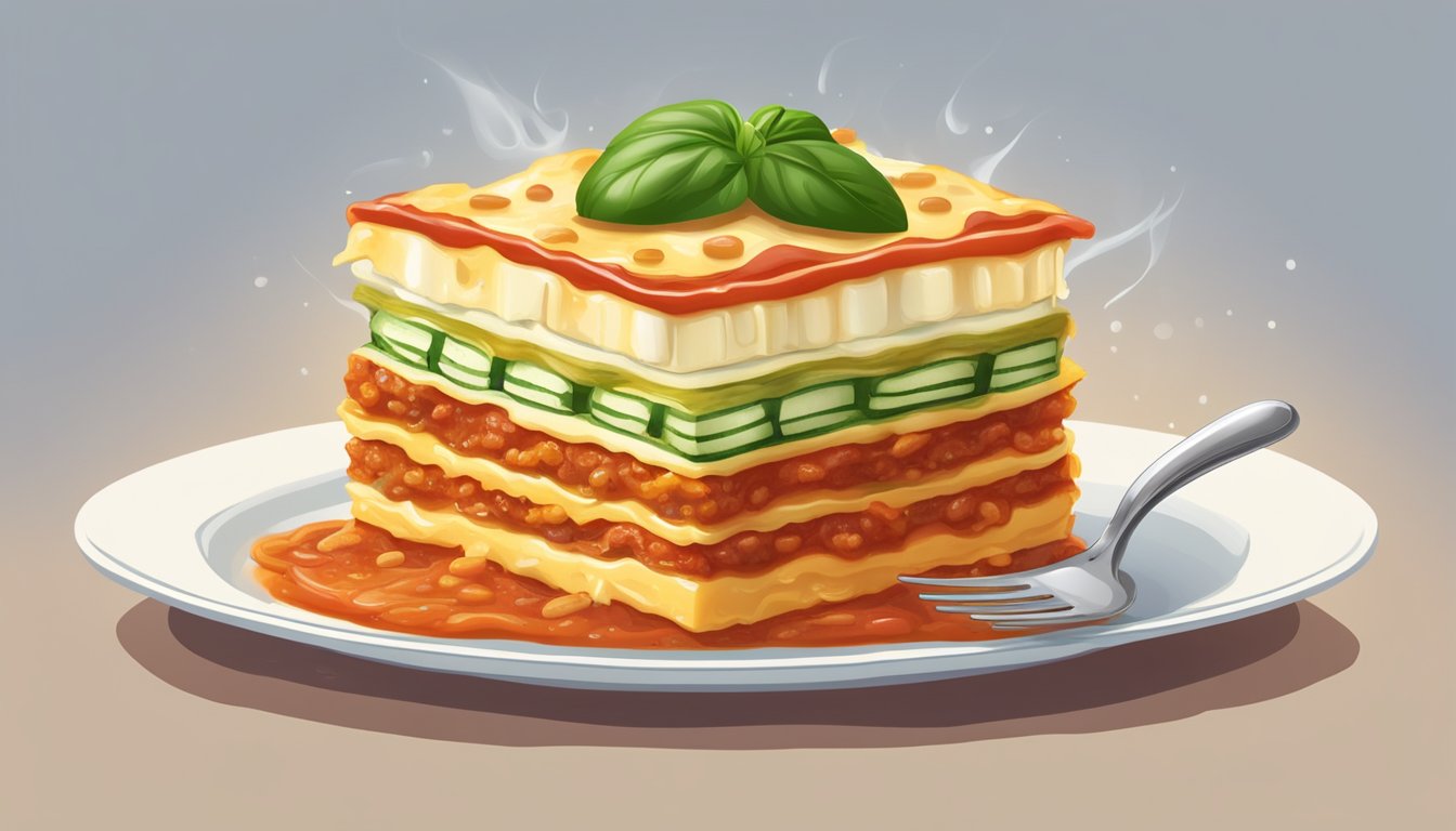 A slice of zucchini lasagna being lifted with a fork, steam rising from the layers of melted cheese and tomato sauce